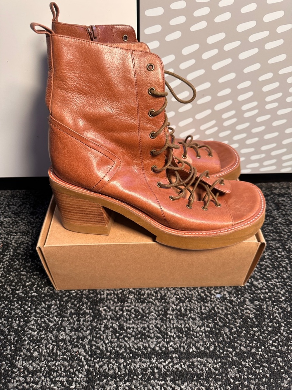 Jeffrey Campbell Cognac Leather Lace-Up Block Heel Boots - Vintage Size 11